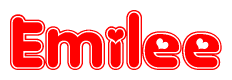 The image is a red and white graphic with the word Emilee written in a decorative script. Each letter in  is contained within its own outlined bubble-like shape. Inside each letter, there is a white heart symbol.