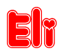 The image is a red and white graphic with the word Eli written in a decorative script. Each letter in  is contained within its own outlined bubble-like shape. Inside each letter, there is a white heart symbol.