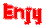 The image is a red and white graphic with the word Enjy written in a decorative script. Each letter in  is contained within its own outlined bubble-like shape. Inside each letter, there is a white heart symbol.