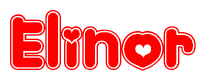 The image is a red and white graphic with the word Elinor written in a decorative script. Each letter in  is contained within its own outlined bubble-like shape. Inside each letter, there is a white heart symbol.
