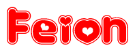 The image is a clipart featuring the word Feion written in a stylized font with a heart shape replacing inserted into the center of each letter. The color scheme of the text and hearts is red with a light outline.