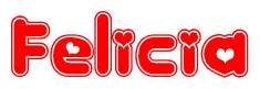 The image is a red and white graphic with the word Felicia written in a decorative script. Each letter in  is contained within its own outlined bubble-like shape. Inside each letter, there is a white heart symbol.