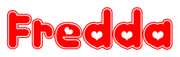 The image is a red and white graphic with the word Fredda written in a decorative script. Each letter in  is contained within its own outlined bubble-like shape. Inside each letter, there is a white heart symbol.