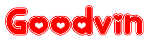 The image is a red and white graphic with the word Goodvin written in a decorative script. Each letter in  is contained within its own outlined bubble-like shape. Inside each letter, there is a white heart symbol.
