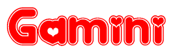 The image is a red and white graphic with the word Gamini written in a decorative script. Each letter in  is contained within its own outlined bubble-like shape. Inside each letter, there is a white heart symbol.