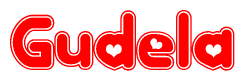   The image displays the word Gudela written in a stylized red font with hearts inside the letters. 