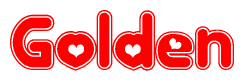 The image is a red and white graphic with the word Golden written in a decorative script. Each letter in  is contained within its own outlined bubble-like shape. Inside each letter, there is a white heart symbol.
