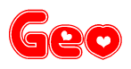 The image is a red and white graphic with the word Geo written in a decorative script. Each letter in  is contained within its own outlined bubble-like shape. Inside each letter, there is a white heart symbol.