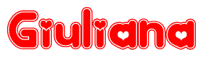 The image is a red and white graphic with the word Giuliana written in a decorative script. Each letter in  is contained within its own outlined bubble-like shape. Inside each letter, there is a white heart symbol.