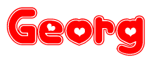 The image is a red and white graphic with the word Georg written in a decorative script. Each letter in  is contained within its own outlined bubble-like shape. Inside each letter, there is a white heart symbol.