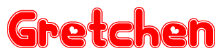   The image is a red and white graphic with the word Gretchen written in a decorative script. Each letter in  is contained within its own outlined bubble-like shape. Inside each letter, there is a white heart symbol. 