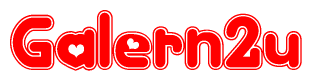 The image is a red and white graphic with the word Galern2u written in a decorative script. Each letter in  is contained within its own outlined bubble-like shape. Inside each letter, there is a white heart symbol.