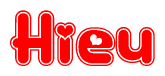 The image is a red and white graphic with the word Hieu written in a decorative script. Each letter in  is contained within its own outlined bubble-like shape. Inside each letter, there is a white heart symbol.