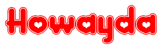 The image is a clipart featuring the word Howayda written in a stylized font with a heart shape replacing inserted into the center of each letter. The color scheme of the text and hearts is red with a light outline.