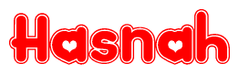 The image is a clipart featuring the word Hasnah written in a stylized font with a heart shape replacing inserted into the center of each letter. The color scheme of the text and hearts is red with a light outline.