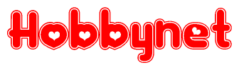 The image is a red and white graphic with the word Hobbynet written in a decorative script. Each letter in  is contained within its own outlined bubble-like shape. Inside each letter, there is a white heart symbol.