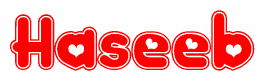 The image displays the word Haseeb written in a stylized red font with hearts inside the letters.