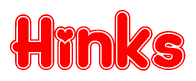 The image is a red and white graphic with the word Hinks written in a decorative script. Each letter in  is contained within its own outlined bubble-like shape. Inside each letter, there is a white heart symbol.