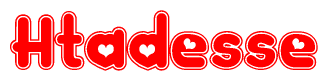 The image is a red and white graphic with the word Htadesse written in a decorative script. Each letter in  is contained within its own outlined bubble-like shape. Inside each letter, there is a white heart symbol.