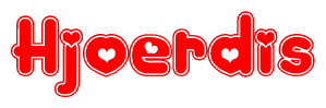 The image is a red and white graphic with the word Hjoerdis written in a decorative script. Each letter in  is contained within its own outlined bubble-like shape. Inside each letter, there is a white heart symbol.