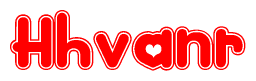 The image is a red and white graphic with the word Hhvanr written in a decorative script. Each letter in  is contained within its own outlined bubble-like shape. Inside each letter, there is a white heart symbol.