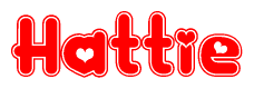 The image is a red and white graphic with the word Hattie written in a decorative script. Each letter in  is contained within its own outlined bubble-like shape. Inside each letter, there is a white heart symbol.