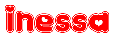 The image is a red and white graphic with the word Inessa written in a decorative script. Each letter in  is contained within its own outlined bubble-like shape. Inside each letter, there is a white heart symbol.