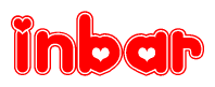 The image is a red and white graphic with the word Inbar written in a decorative script. Each letter in  is contained within its own outlined bubble-like shape. Inside each letter, there is a white heart symbol.