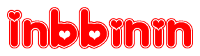 The image is a red and white graphic with the word Inbbinin written in a decorative script. Each letter in  is contained within its own outlined bubble-like shape. Inside each letter, there is a white heart symbol.
