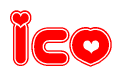 The image is a red and white graphic with the word Ico written in a decorative script. Each letter in  is contained within its own outlined bubble-like shape. Inside each letter, there is a white heart symbol.