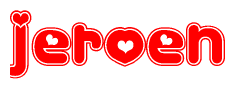 The image is a clipart featuring the word Jeroen written in a stylized font with a heart shape replacing inserted into the center of each letter. The color scheme of the text and hearts is red with a light outline.