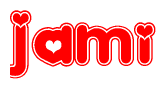 The image is a red and white graphic with the word Jami written in a decorative script. Each letter in  is contained within its own outlined bubble-like shape. Inside each letter, there is a white heart symbol.