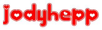 The image is a clipart featuring the word Jodyhepp written in a stylized font with a heart shape replacing inserted into the center of each letter. The color scheme of the text and hearts is red with a light outline.