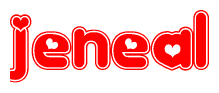 The image is a red and white graphic with the word Jeneal written in a decorative script. Each letter in  is contained within its own outlined bubble-like shape. Inside each letter, there is a white heart symbol.