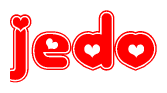 The image is a clipart featuring the word Jedo written in a stylized font with a heart shape replacing inserted into the center of each letter. The color scheme of the text and hearts is red with a light outline.