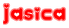 The image is a red and white graphic with the word Jasica written in a decorative script. Each letter in  is contained within its own outlined bubble-like shape. Inside each letter, there is a white heart symbol.