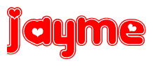 The image is a clipart featuring the word Jayme written in a stylized font with a heart shape replacing inserted into the center of each letter. The color scheme of the text and hearts is red with a light outline.