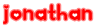 The image is a red and white graphic with the word Jonathan written in a decorative script. Each letter in  is contained within its own outlined bubble-like shape. Inside each letter, there is a white heart symbol.