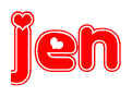 The image is a red and white graphic with the word Jen written in a decorative script. Each letter in  is contained within its own outlined bubble-like shape. Inside each letter, there is a white heart symbol.