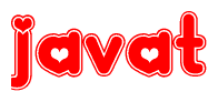 The image is a red and white graphic with the word Javat written in a decorative script. Each letter in  is contained within its own outlined bubble-like shape. Inside each letter, there is a white heart symbol.