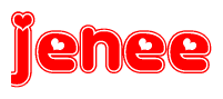The image is a clipart featuring the word Jenee written in a stylized font with a heart shape replacing inserted into the center of each letter. The color scheme of the text and hearts is red with a light outline.