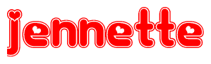 The image is a red and white graphic with the word Jennette written in a decorative script. Each letter in  is contained within its own outlined bubble-like shape. Inside each letter, there is a white heart symbol.