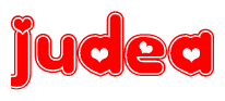 The image is a clipart featuring the word Judea written in a stylized font with a heart shape replacing inserted into the center of each letter. The color scheme of the text and hearts is red with a light outline.