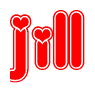 The image is a red and white graphic with the word Jill written in a decorative script. Each letter in  is contained within its own outlined bubble-like shape. Inside each letter, there is a white heart symbol.