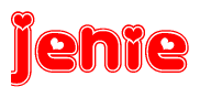 The image is a red and white graphic with the word Jenie written in a decorative script. Each letter in  is contained within its own outlined bubble-like shape. Inside each letter, there is a white heart symbol.