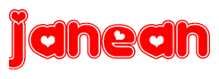 The image is a red and white graphic with the word Janean written in a decorative script. Each letter in  is contained within its own outlined bubble-like shape. Inside each letter, there is a white heart symbol.