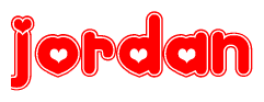 The image is a clipart featuring the word Jordan written in a stylized font with a heart shape replacing inserted into the center of each letter. The color scheme of the text and hearts is red with a light outline.