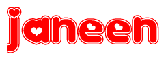 The image is a red and white graphic with the word Janeen written in a decorative script. Each letter in  is contained within its own outlined bubble-like shape. Inside each letter, there is a white heart symbol.