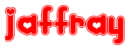 The image is a red and white graphic with the word Jaffray written in a decorative script. Each letter in  is contained within its own outlined bubble-like shape. Inside each letter, there is a white heart symbol.