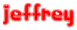 The image is a clipart featuring the word Jeffrey written in a stylized font with a heart shape replacing inserted into the center of each letter. The color scheme of the text and hearts is red with a light outline.